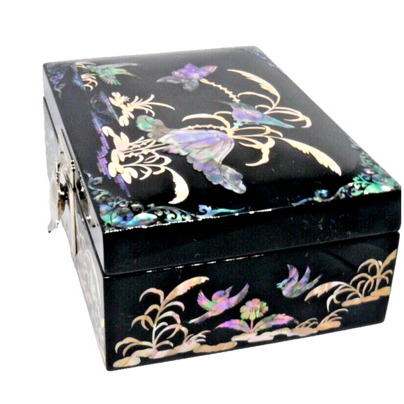 Asian Black Lacquer Jewelry Box MOP & Abalone Bird Floral Inlay Turtle Latch VTG - Picture 3 of 4